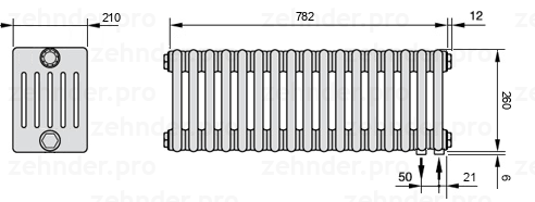 Схема (чертеж) Радиатор Zehnder Charleston 6026/17 №5510 Белый глянцевый RAL 9016